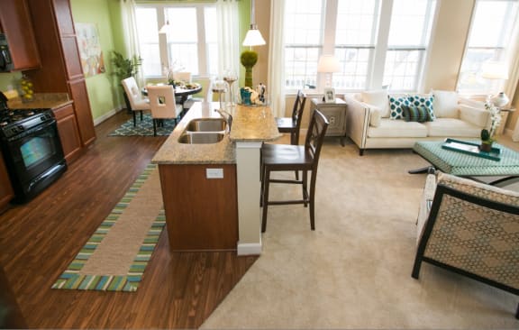 kitchen and living room at VistaView apartments in Frederick, MD