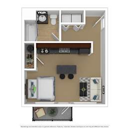A floor plan of a small apartment with a kitchen, living room, and bathroom.