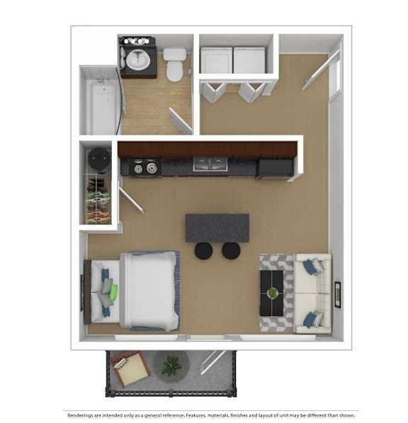 A floor plan of a small apartment with a kitchen, living room, and bathroom.