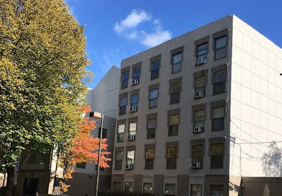 A tall building with many windows is surrounded by trees.