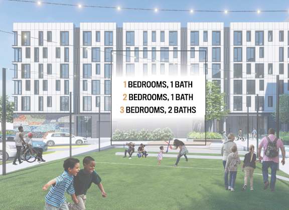 a rendering of a building with a playground in front of it