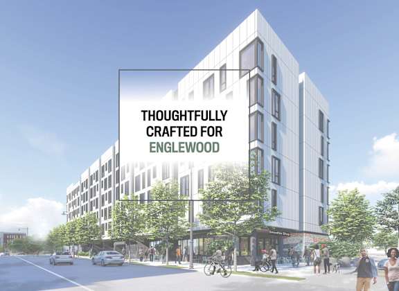 a rendering of a white building with a sign that reads thoughtfully crafted for englewood