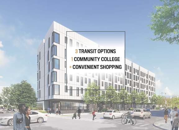 a rendering of a white building with a sign above it that says transit options, community college
