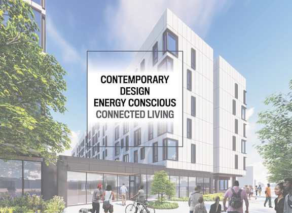 a rendering of a building with the words contemporary design energy conscious connected living over it