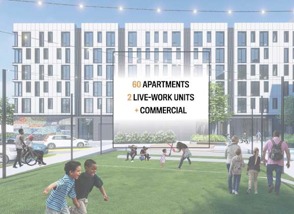 a rendering of a park in front of a building with a sign that says go apartments live