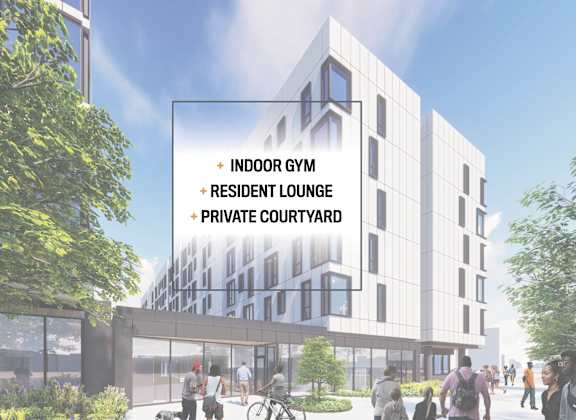 a rendering of the exterior of a building with the words indoor gym resident lounge private courtyard over