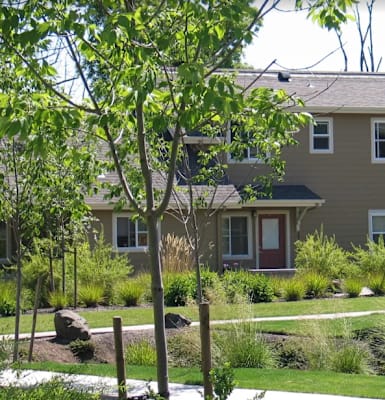 A house with a brown roof and a red door is surrounded by greenery.