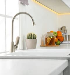 a kitchen sink with a faucet and a bowl of fruit