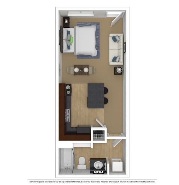 A floor plan of a small apartment with a bedroom, living room, and kitchen.