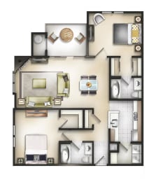 2 Bed 2 Bath Baker II Chestnut Floor plan at The Residences at the Manor Apartments, Frederick, Maryland