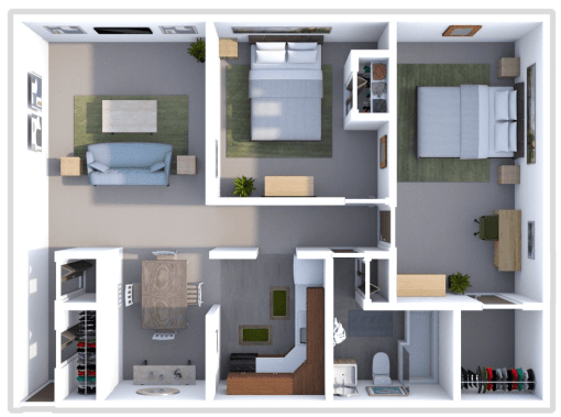 a 3d rendering of a bedroom floor plan with a bathroom and a living room