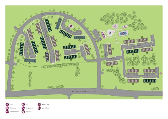 A map of a campus with buildings, trees, and labeled features.