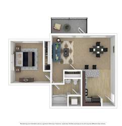 A floor plan of a small apartment with a kitchen, living room, and bathroom.