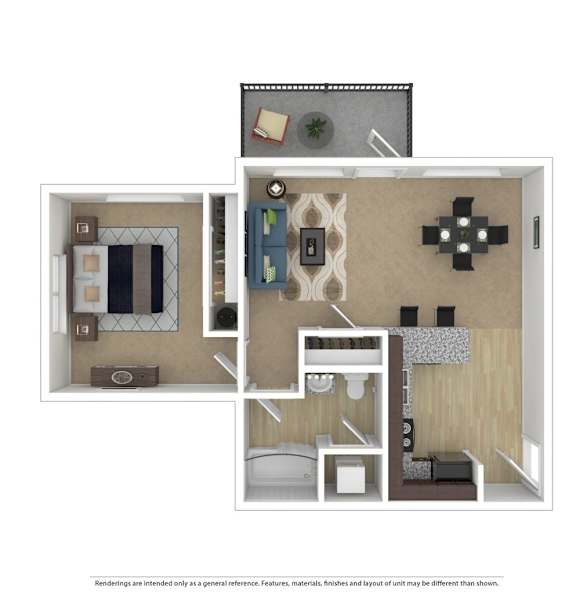A floor plan of a small apartment with a kitchen, living room, and bathroom.