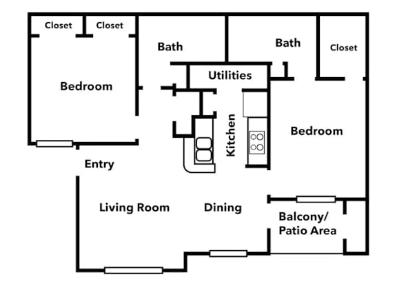 A floor plan of a home with two bedrooms, a living room, a dining area, a kitchen, a bathroom, and a balcony.