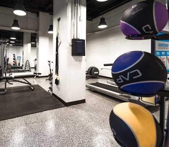 a gym with weights and other exercise equipment in a building