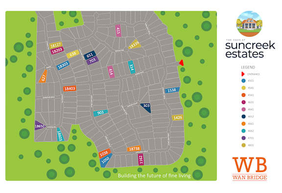 A map of Suncreak Estates with a legend on the right side indicating different house numbers and colors.