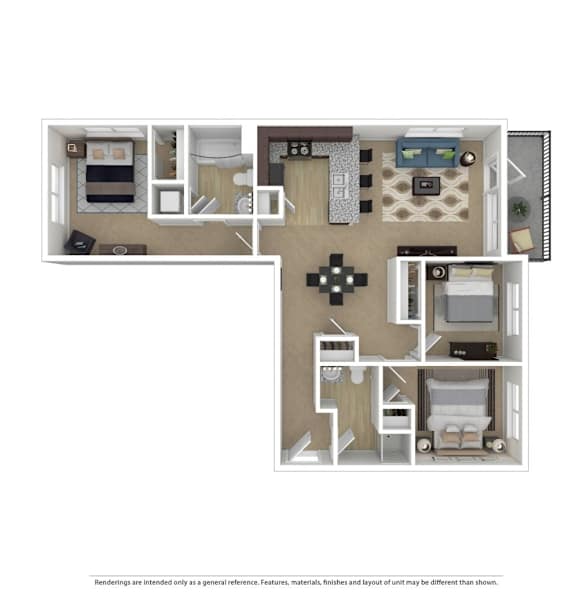 A floor plan of a small apartment with a kitchen, living room, and bedrooms.