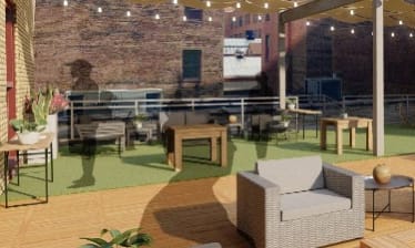 a large patio area with chairs and tables