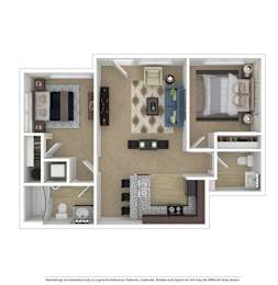 A floor plan of a small apartment with a kitchen, living room, and two bedrooms.