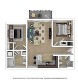 A 3D rendered image of a floor plan of an apartment.