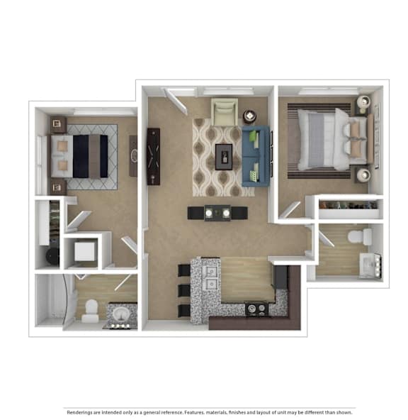 A floor plan of a small apartment with a kitchen, living room, and two bedrooms.