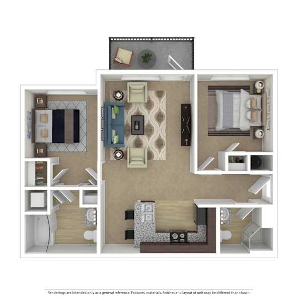 A 3D rendered image of a floor plan of an apartment.
