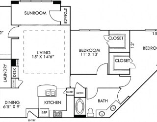 The Amsterdam with Sunroom. 3 bedroom apartment. Kitchen with bartop open to living/dining rooms. 2 full bathrooms, double vanities. Walk-in closets. Sunroom.