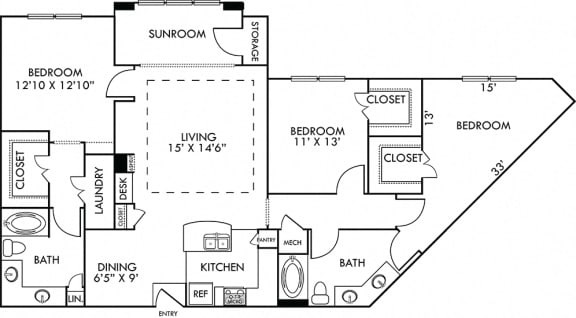 The Amsterdam with Sunroom. 3 bedroom apartment. Kitchen with bartop open to living/dining rooms. 2 full bathrooms, double vanities. Walk-in closets. Sunroom.