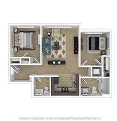 A 3D floor plan of a house layout.