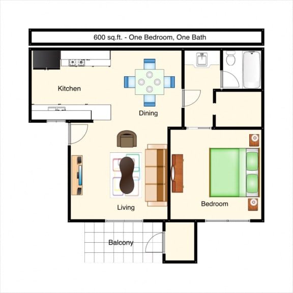Floor Plan  one bedroom, one bathroom with tub, walk-in closet, dining, kitchen, living spaces, small balcony with ext. storage unit