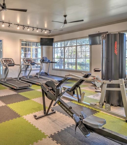 a gym with treadmills and other exercise equipment and windows at The Atlantic Stonebriar, The Colony, TX 75056