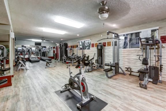a gym with weights and cardio equipment on the floor and a wall of gym equipment