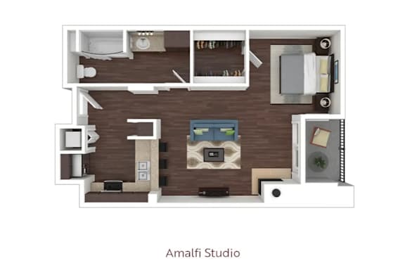 a stylized floor plan with a bedroom and a living room