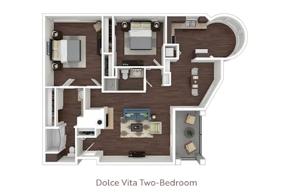 a stylized floor plan with a bedroom and a living room