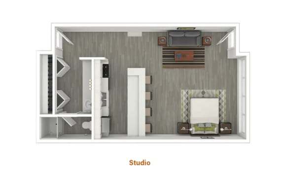 a stylized floor plan of a studio unit with a bedroom
