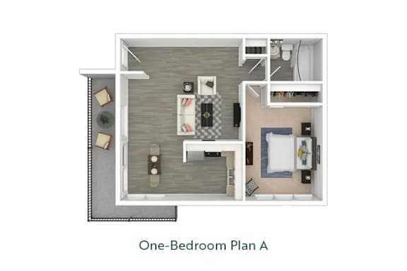a stylized floor plan of a one bedroom apartment at West Park Village, Los Angeles, California