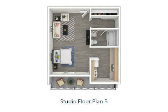 a stylized floor plan of studio floor plan b at West Park Village, Los Angeles, California