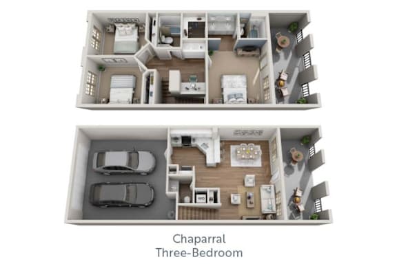 a 3d floor plan of the chaparral three bedroom