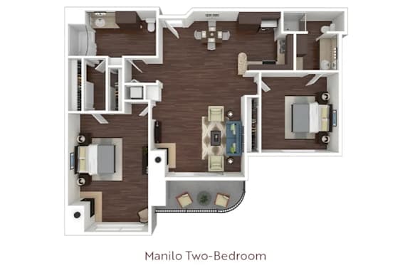 a stylized floor plan with a bedroom and a living room