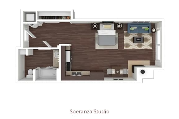 a stylized floor plan with a bedroom and a living room
