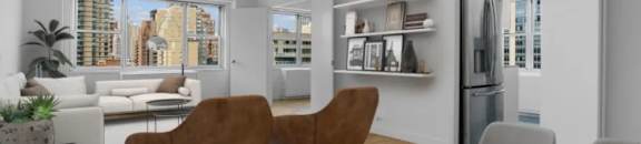 A modern living room with a wooden table and chairs at The Caldwell Apartments, New York, 10028