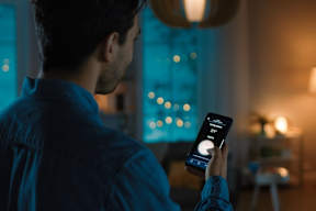 A man holding a smartphone with a moon phase displayed on the screen.