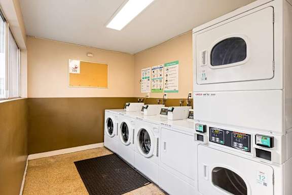 A row of washing machines in a public laundromat.