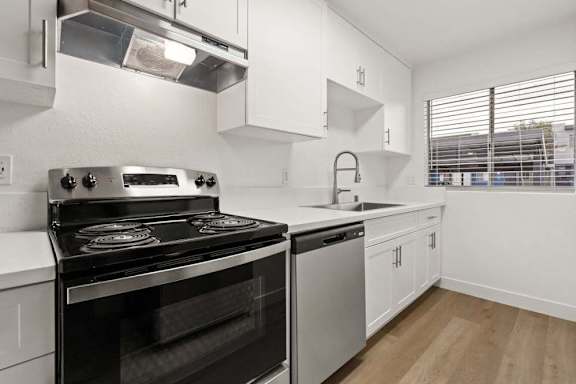 A modern kitchen with a black stove top oven and a stainless steel dishwasher.