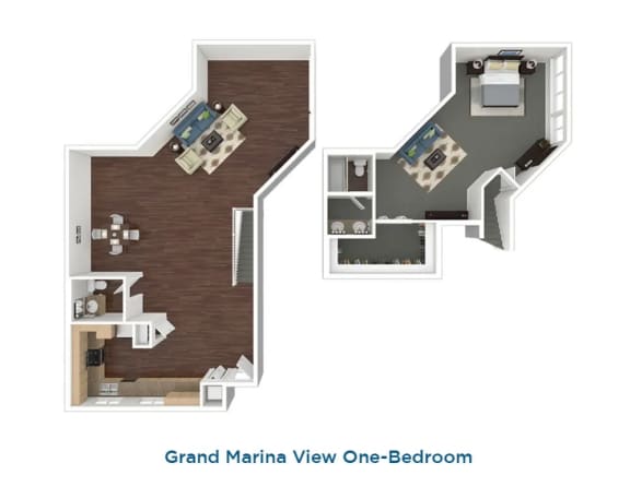 grand marina view one-bedroom floor plan at Esprit Apartments, Marina del Rey