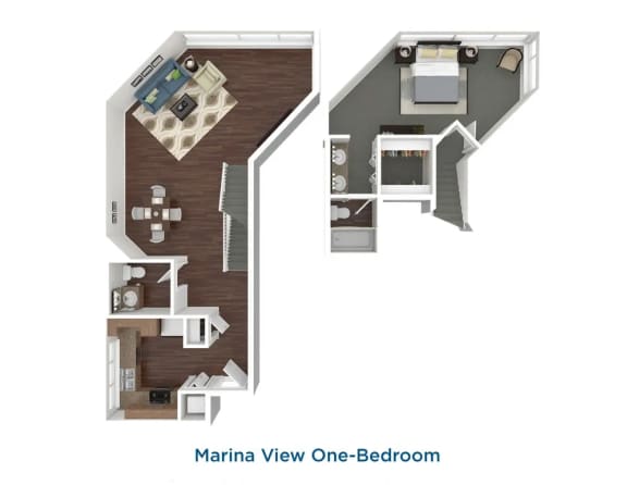 marina view one-bedroom floor plan at Esprit Apartments, Marina del Rey, CA