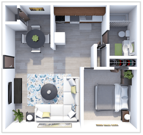 a view of the floor plan of an apartment with a bedroom and living room