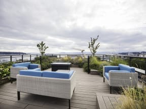 Relaxing roof top garden with lounge seating and firepit and beautiful views