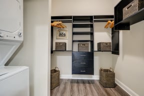 LaVie SouthPark Apartments Model Walk in Closet and Stacked Washer and Dryer